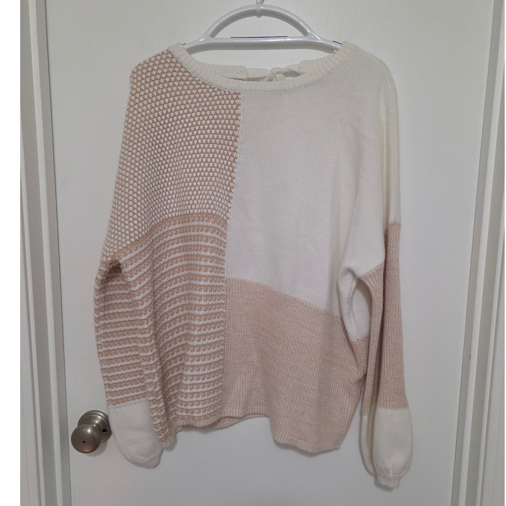 Women Colorblock Mixed Stitch Tie Back Sweater Pink Cream XL